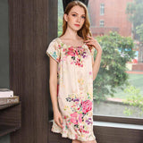 Women Floral Printed Loose Silk Nightgown Round Neck silk Dresses