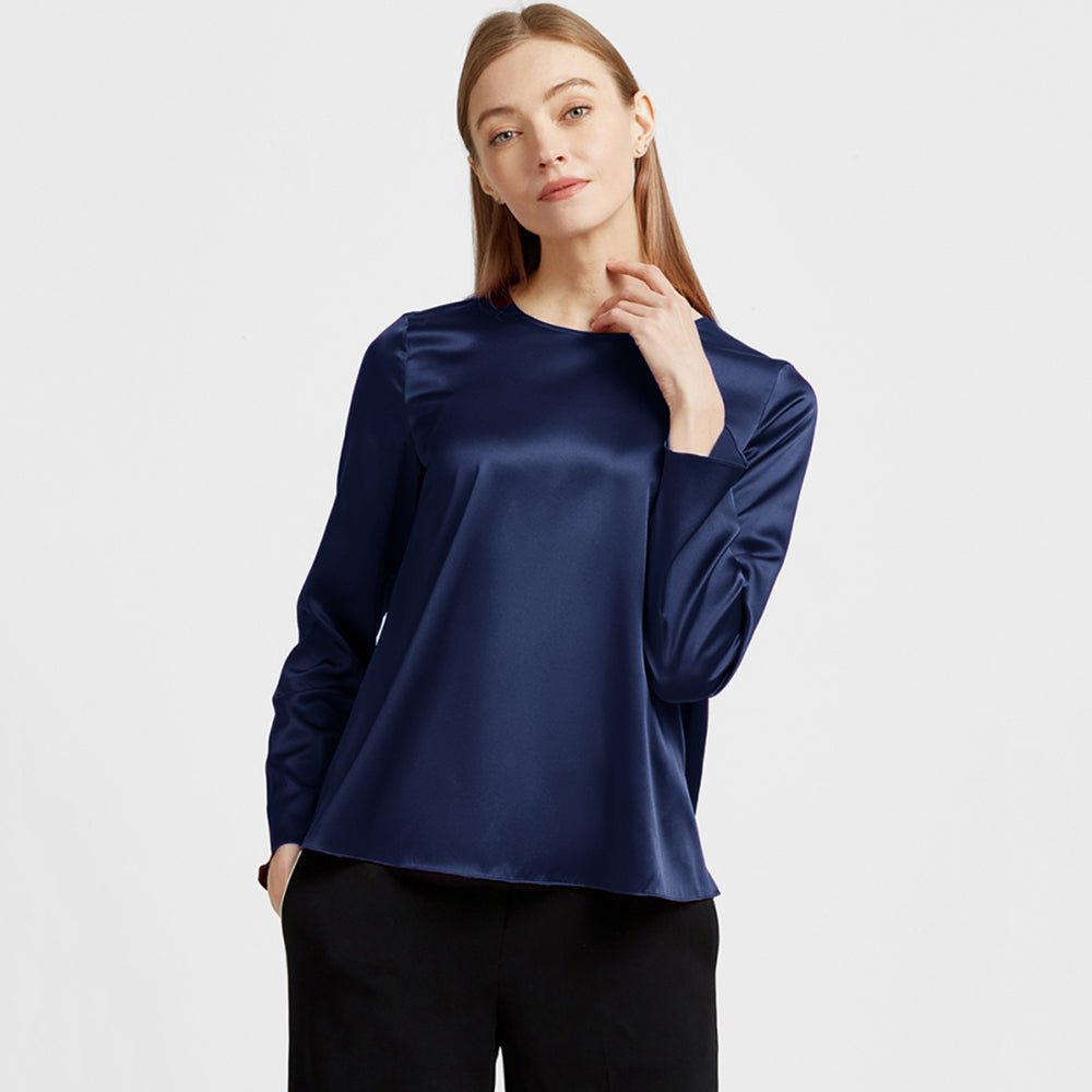 Women Long Sleeve Pullover Round Neck Silk Blouse