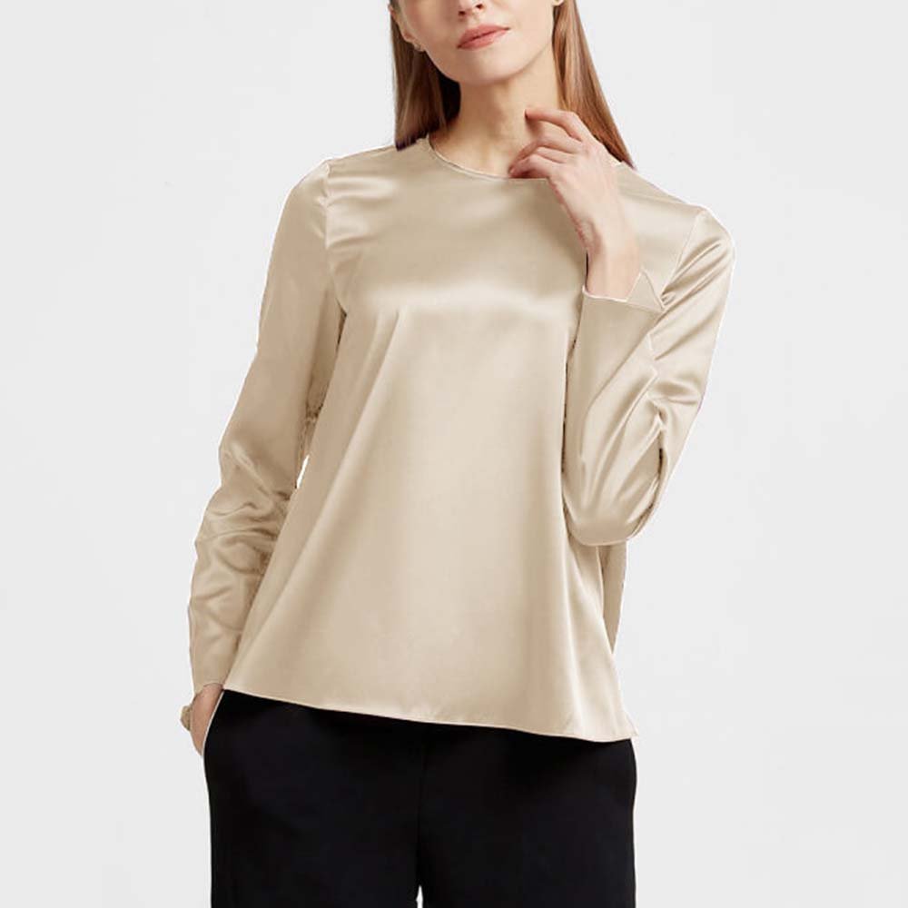 Women Long Sleeve Pullover Round Neck Silk Blouse