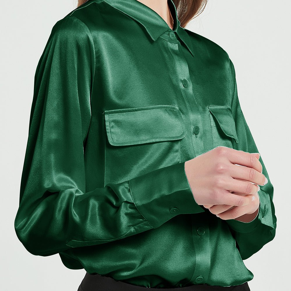 Women Long Sleeve Silk Blouse with Flap Pockets