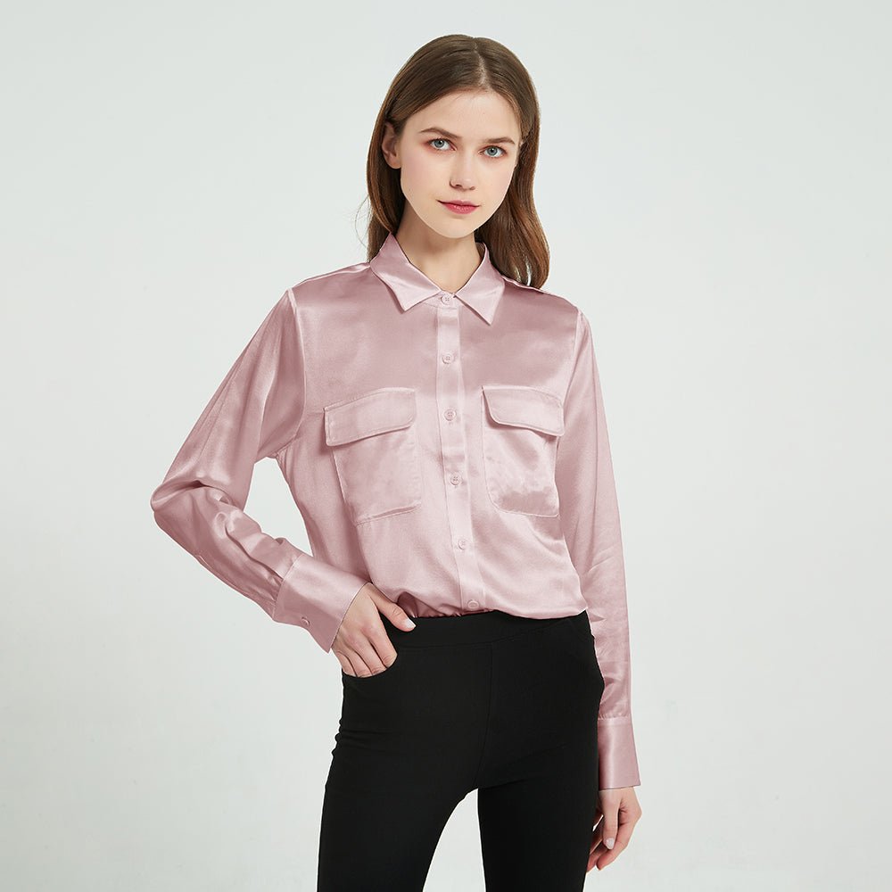 Women Long Sleeve Silk Blouse with Flap Pockets