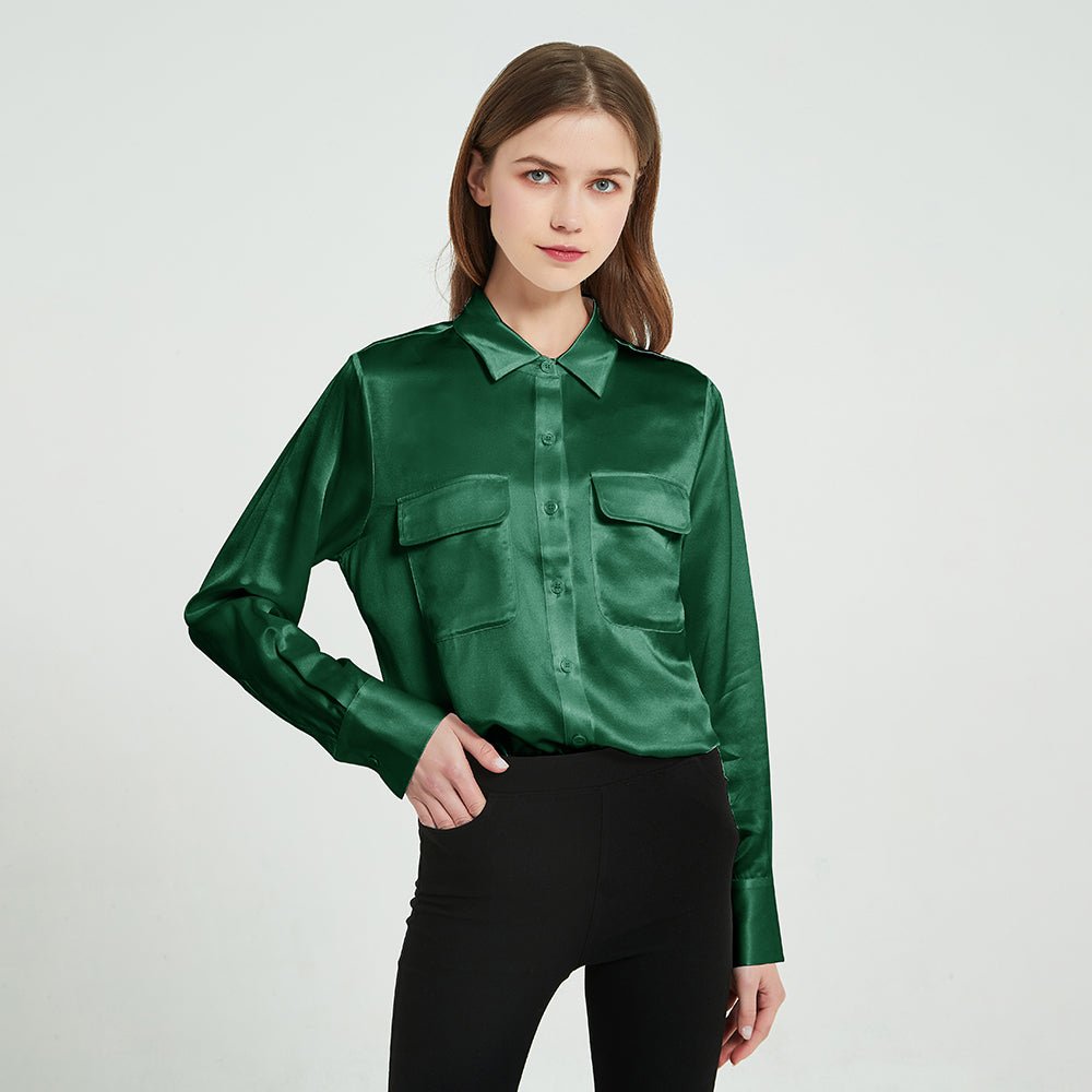 Women Long Sleeve Silk Blouse with Flap Pockets