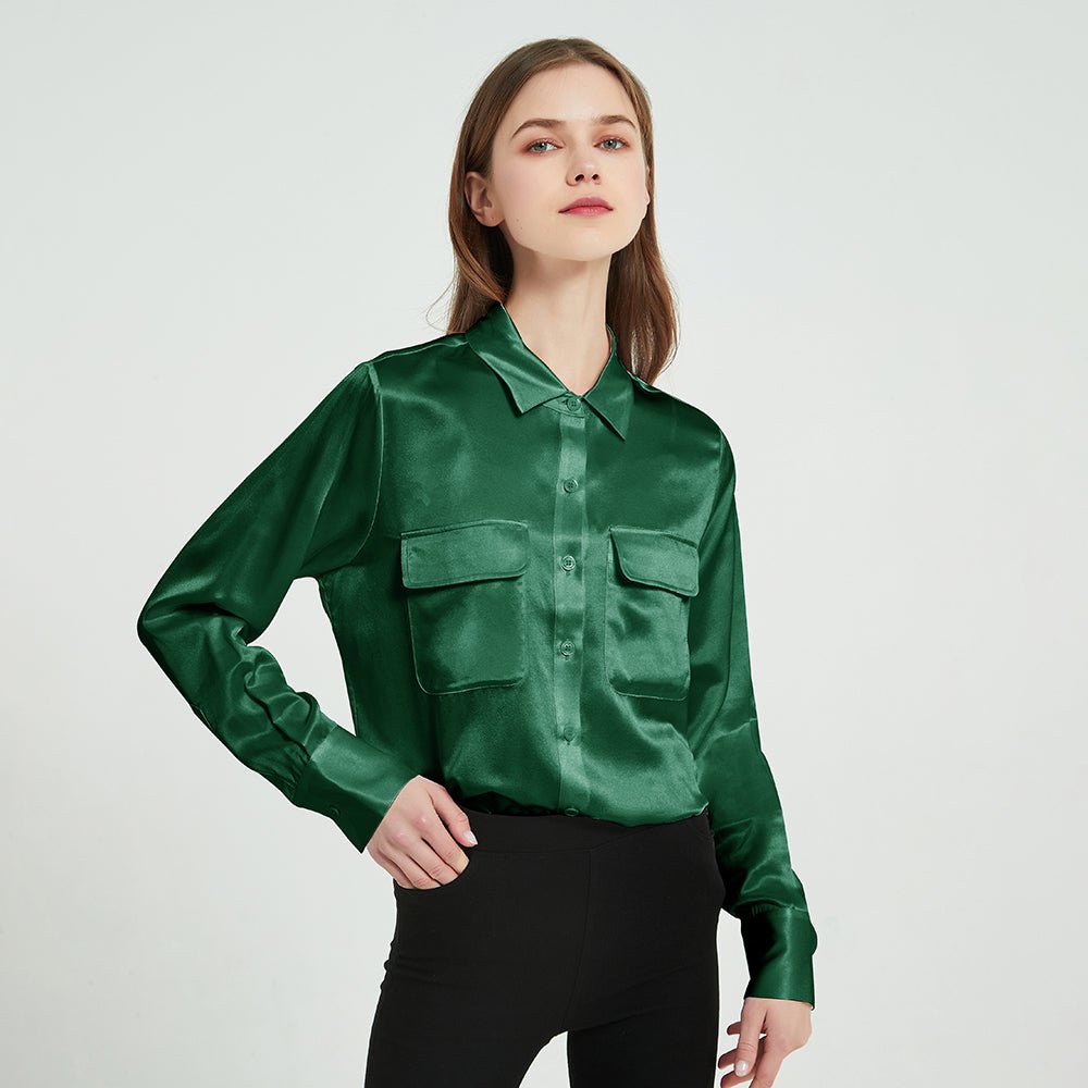 Women Long Sleeve Silk Blouse with Flap Pockets