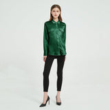 Women Long Sleeve Silk Blouse with Flap Pockets