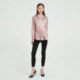 Women Long Sleeve Silk Blouse with Flap Pockets