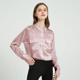 Women Long Sleeve Silk Blouse with Flap Pockets