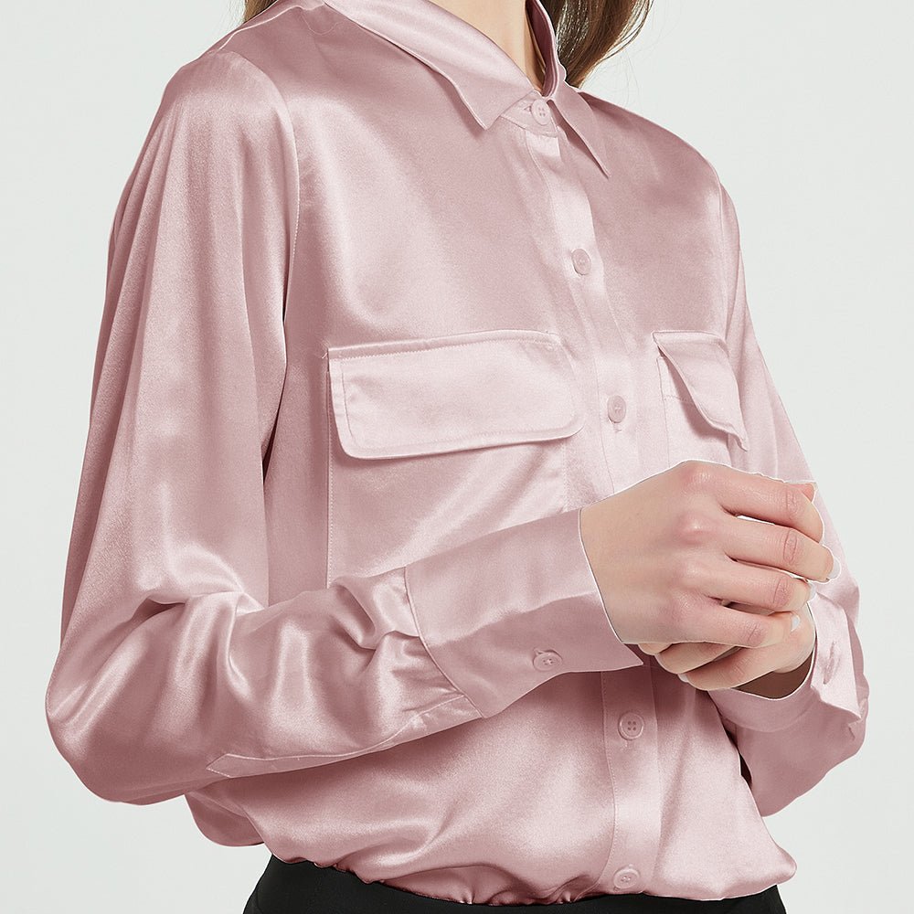 Women Long Sleeve Silk Blouse with Flap Pockets