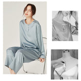 Womens Classic Silk Pajamas Set Round Neck Long Silk Sleepwear - slipintosoft