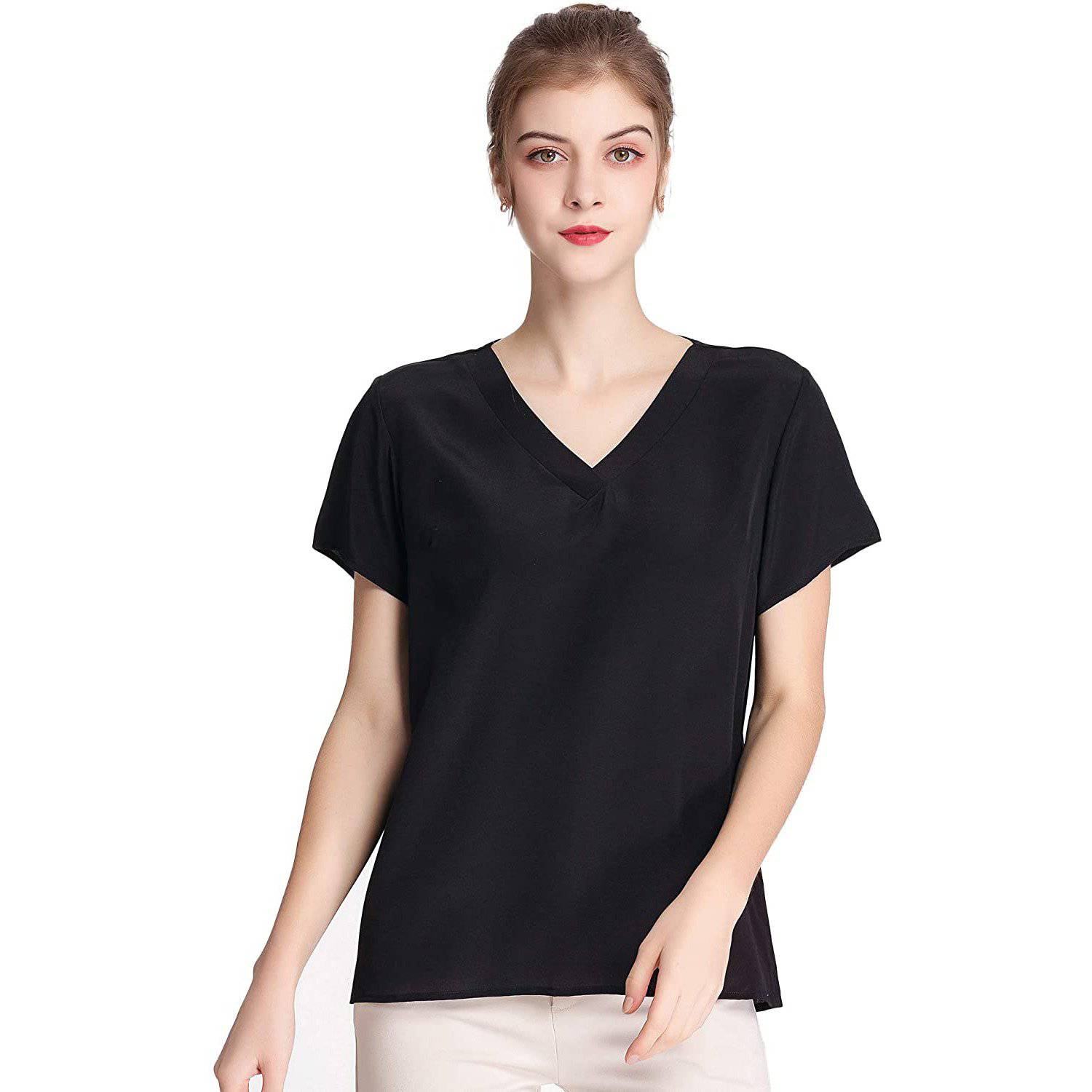 Women Mulberry Silk T-Shirt Short Sleeve V Neck Tank Ladies Silk Shirt