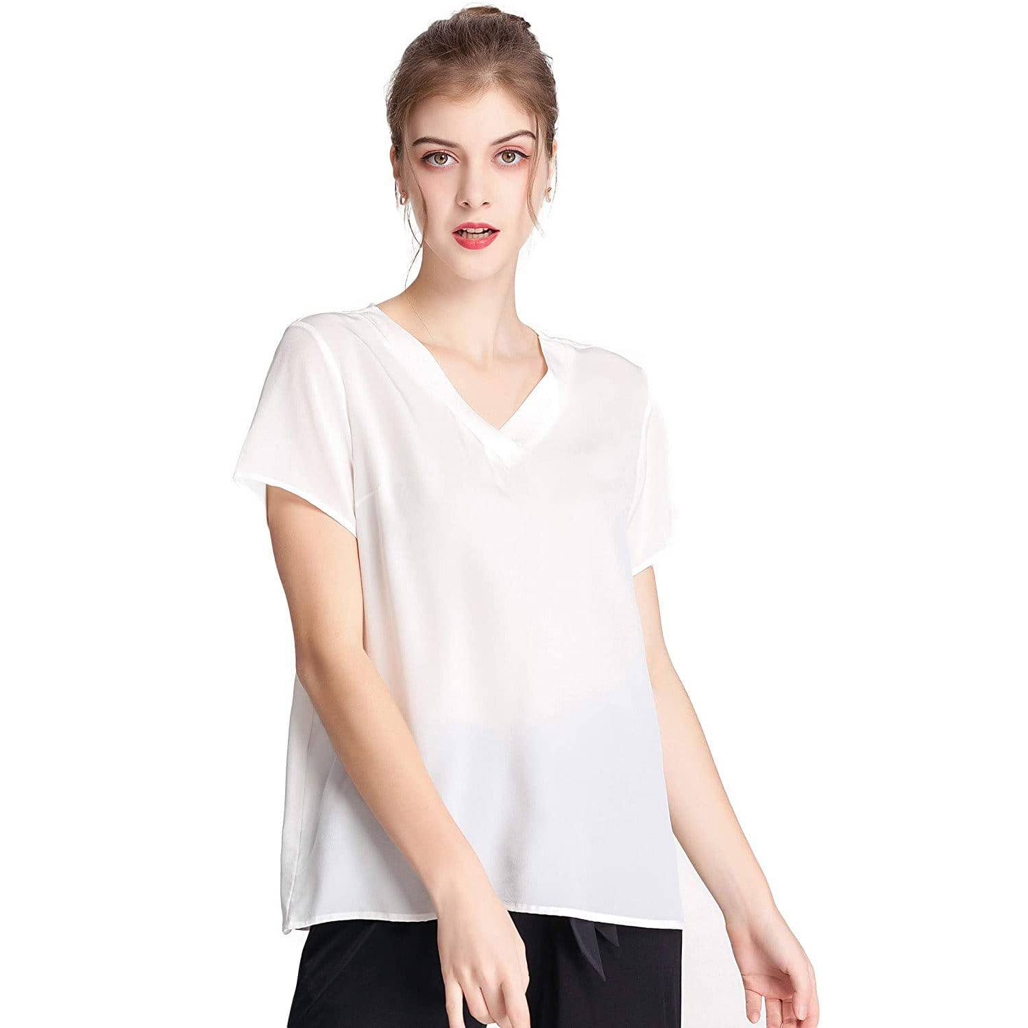 Women Mulberry Silk T-Shirt Short Sleeve V Neck Tank Ladies Silk Shirt