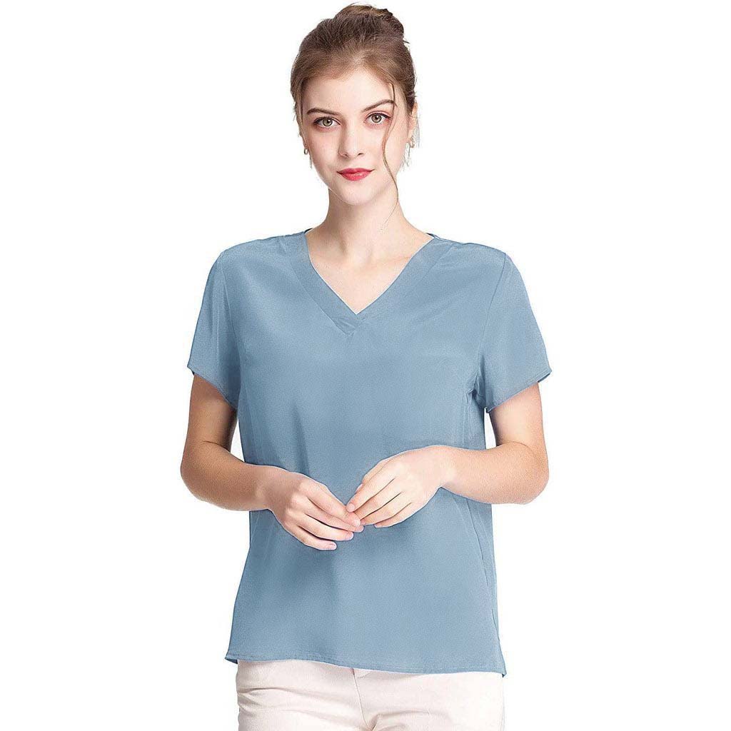 Women Mulberry Silk T-Shirt Short Sleeve V Neck Tank Ladies Silk Shirt