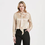 Women Silk Blouses Long Sleeves Ribbon Office Silk Shirts