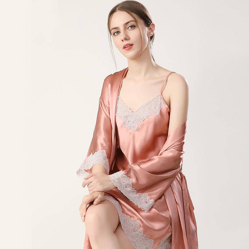 Women Silk Nightgown And Robe Set Short Lace Silk Robe Set