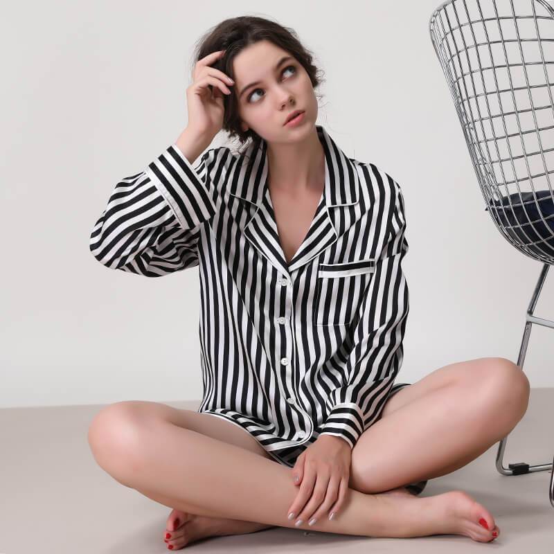 Women Striped Silk Pajamas Long Sleeves Short Pants Pajamas