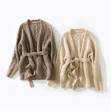 Womens 100% Cashmere Cardigan With Sash Cable - Knit Coat