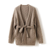 Womens 100% Cashmere Cardigan With Sash Cable - Knit Coat