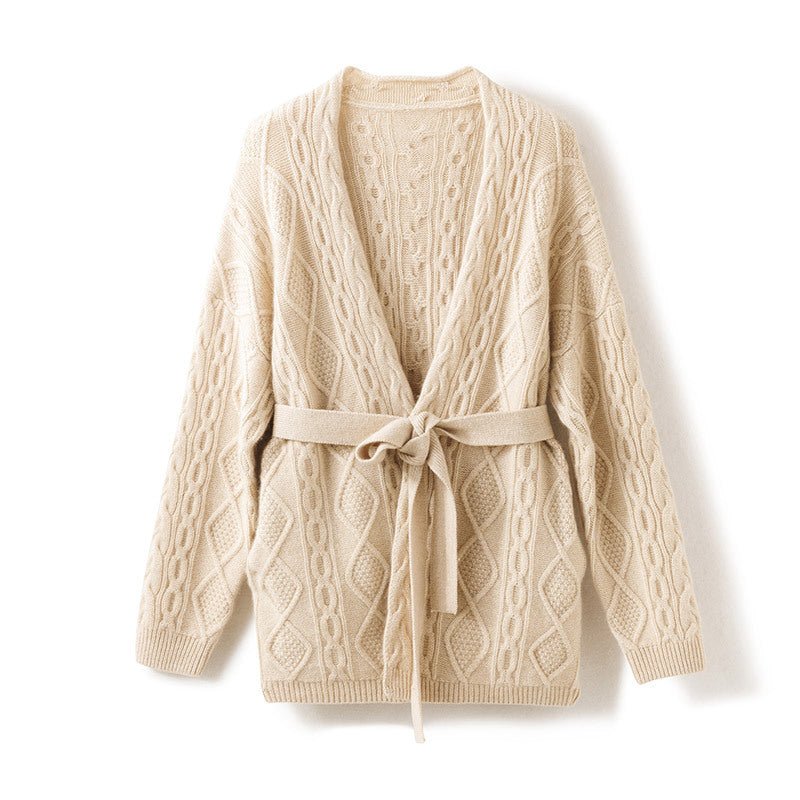 Womens 100% Cashmere Cardigan With Sash Cable - Knit Coat