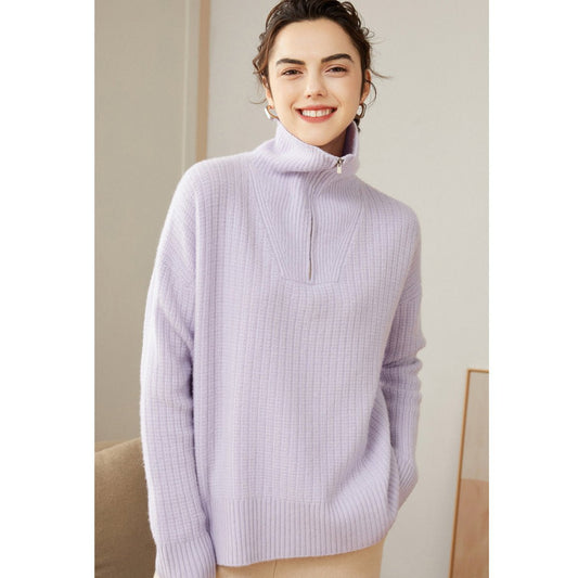 Womens Cashmere Half - Zip Sweater Waffle Knit Polo Cashmere Sweater