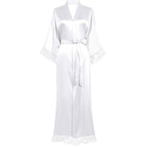 Women Silk Kimono Robe Long Bridesmaid Wedding Bath Robe with Lace Trim - slipintosoft