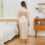 Womens 100% Silk Kimono With Lace Silk Robe