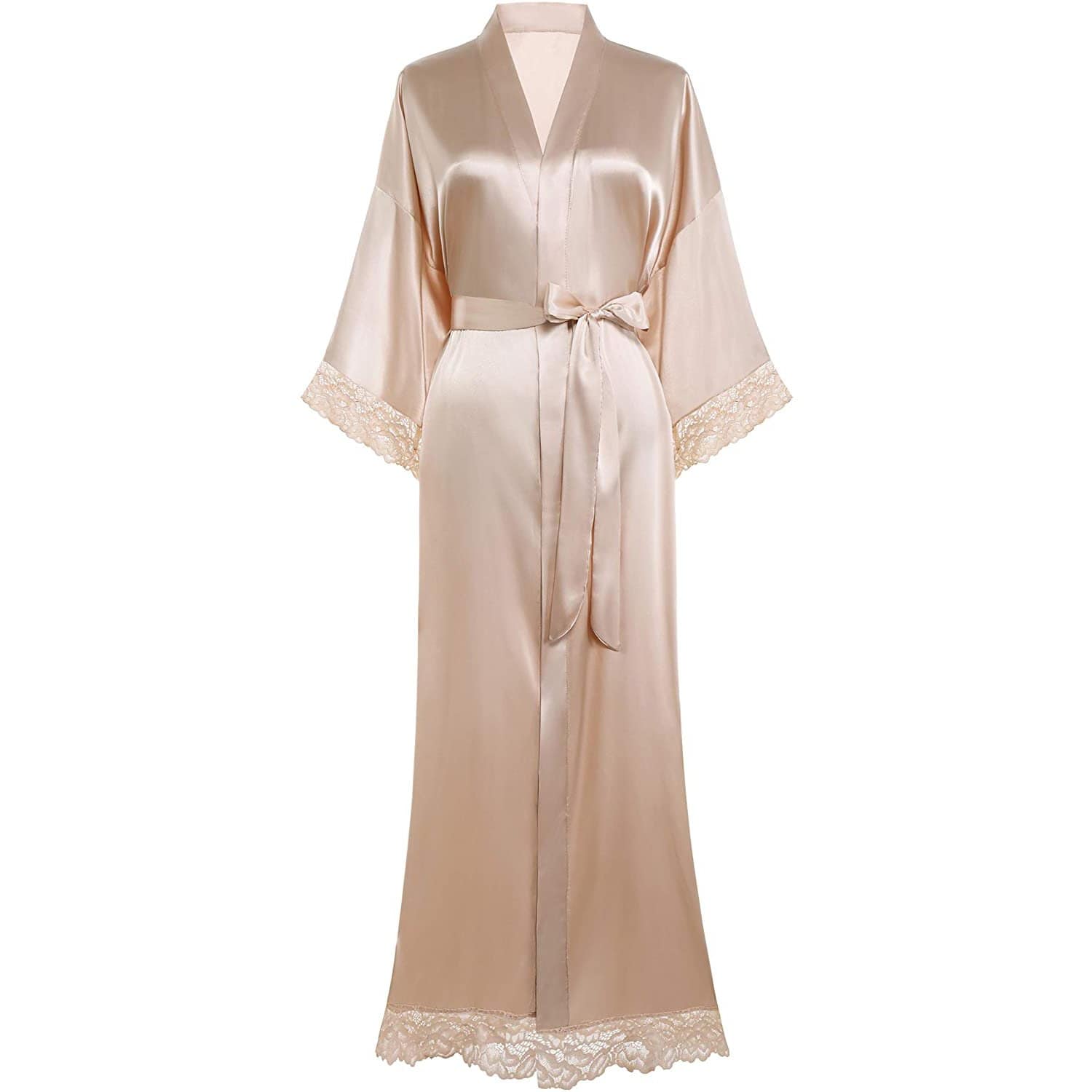 Women Silk Kimono Robe Long Bridesmaid Wedding Bath Robe with Lace Trim - slipintosoft