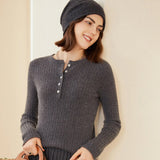 Womens Ribbed Cashmere Henley Sweater Crewneck And Button Sweater