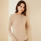 Womens Ribbed Cashmere Henley Sweater Crewneck And Button Sweater