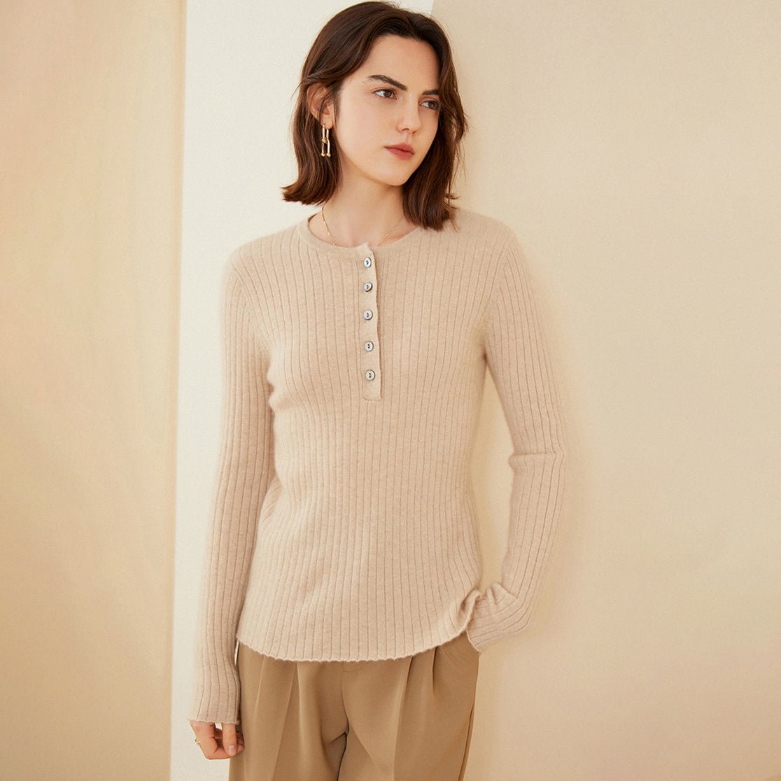 Womens Ribbed Cashmere Henley Sweater Crewneck And Button Sweater