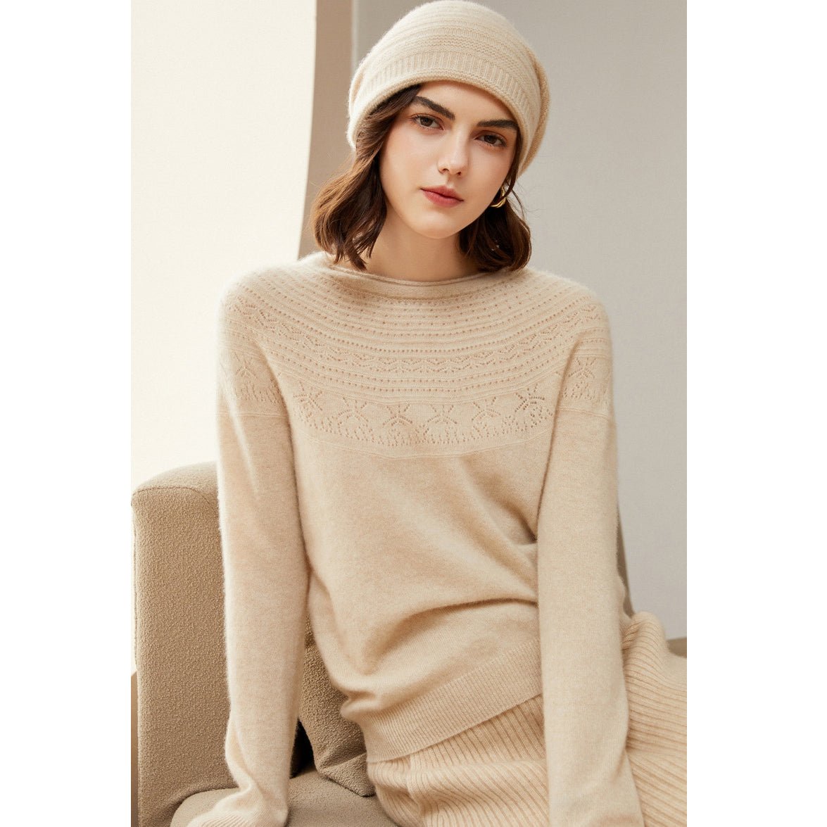 Women's 100% Superfine Cashmere Hollow-out knit Crewneck Sweater - slipintosoft