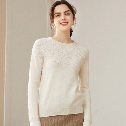 Womens Cashmere Pointelle Yoke Sweater Hollow - out Crewneck Sweater