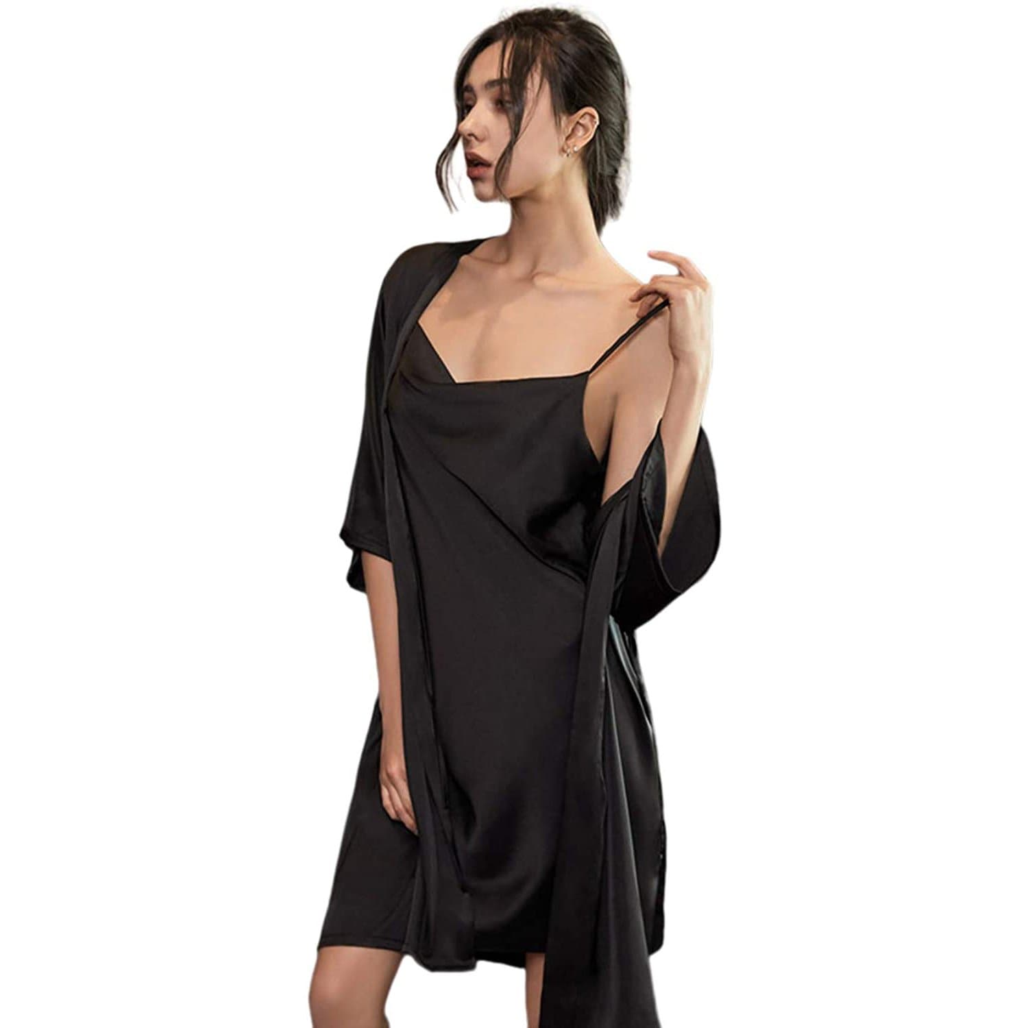 Womens Luxury Nightgown And Robe Set Sexy Silk Sleepwear