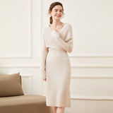 Womens Cashmere Ribbed Knit Wrap Dress Long Sleeve V Neck Midi Dresses