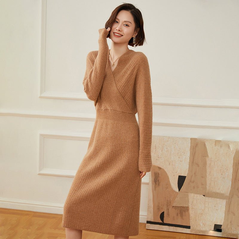 Womens Cashmere Ribbed Knit Wrap Dress Long Sleeve V Neck Midi Dresses