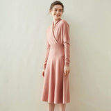 Women's A Line Cashmere Wrap Dress Tea Length Solid Cashmere Sweater Dresses Women Cashmere Dress