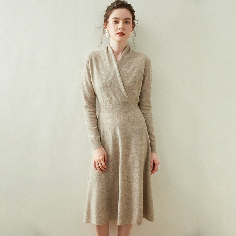 Womens Cashmere Wrap Dress Long Sleeve Elegant A - Line Midi Dress