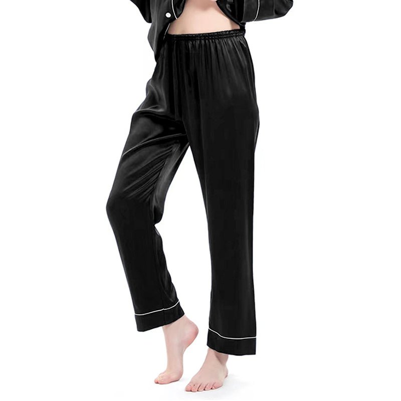 Women's Black Silk Pajama Pants with White Piping