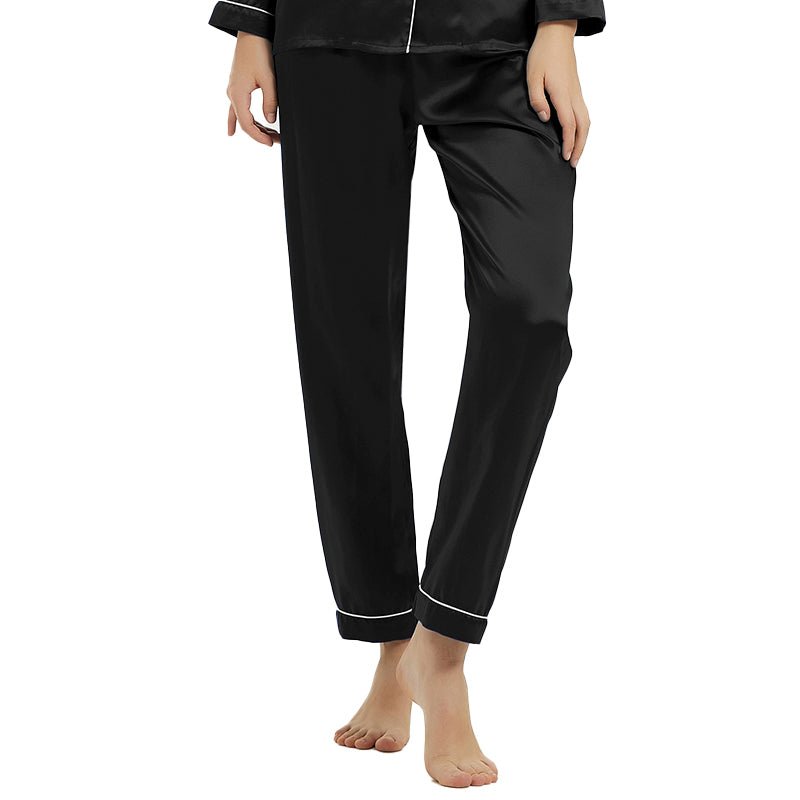 Women's Black Silk Pajama Pants with White Piping