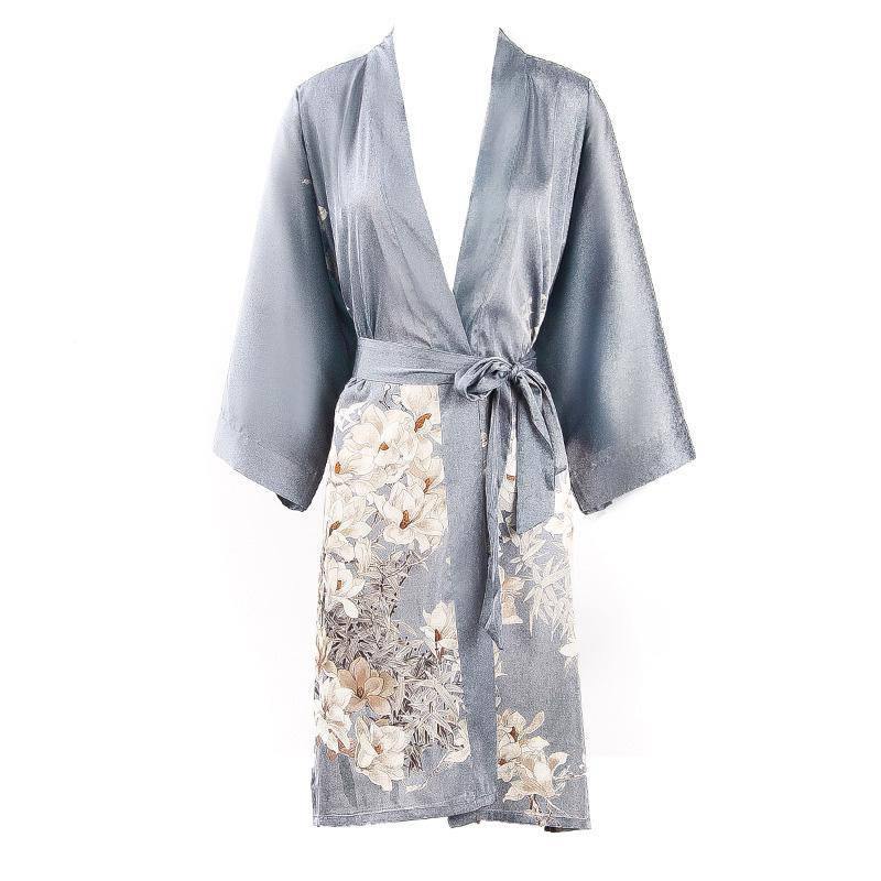 100% Short Silk Kimono Robe Blue Hand Painted Cherry Blossoms for Ladies -  slipintosoft