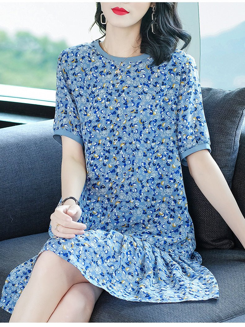 Womens Blue Floral Print Silk Mini Dress Ruffle Hem Short Silk Dress