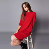 Womens Cashmere Knit Shift Dress Three - Quarter Sleeve Crew Neck Dress