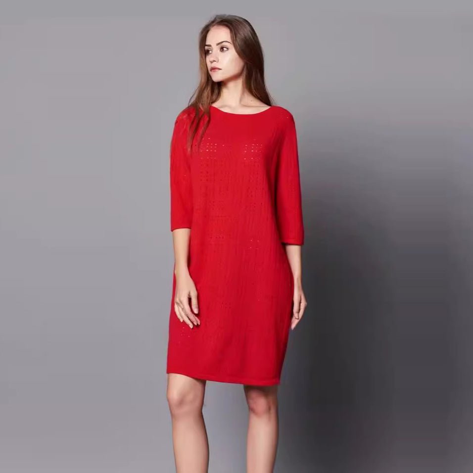 Womens Cashmere Knit Shift Dress Three - Quarter Sleeve Crew Neck Dress