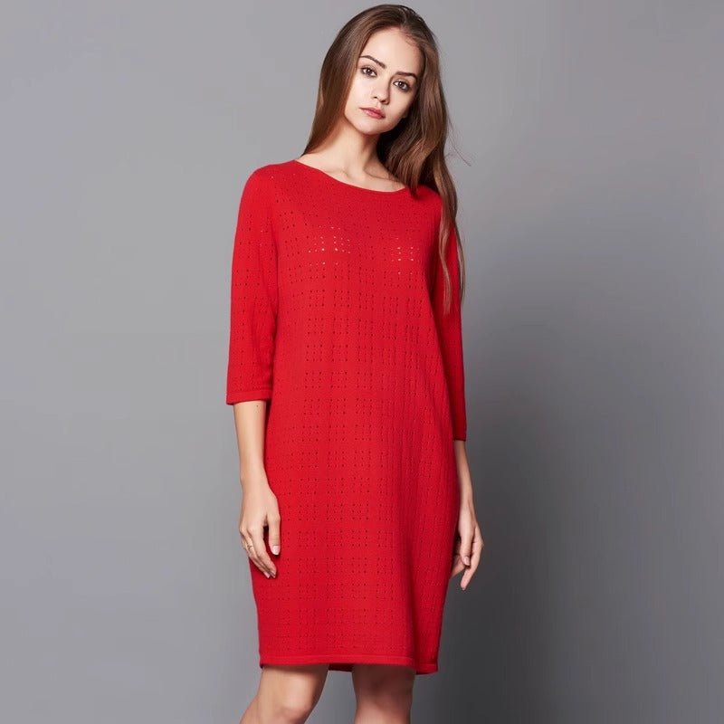 Womens Cashmere Knit Shift Dress Three - Quarter Sleeve Crew Neck Dress