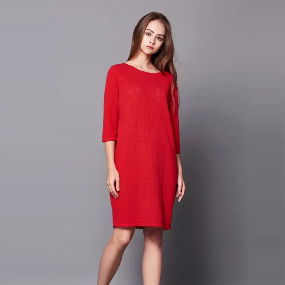 Womens Cashmere Knit Shift Dress Three - Quarter Sleeve Crew Neck Dress