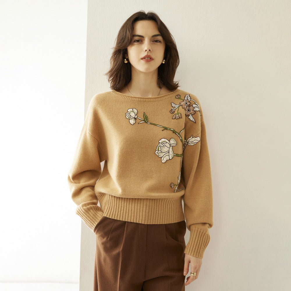 Womens Boat Neck Cashmere Sweater Embroidery Flowers Cashmere Pullover Wool Cashmere Sweater