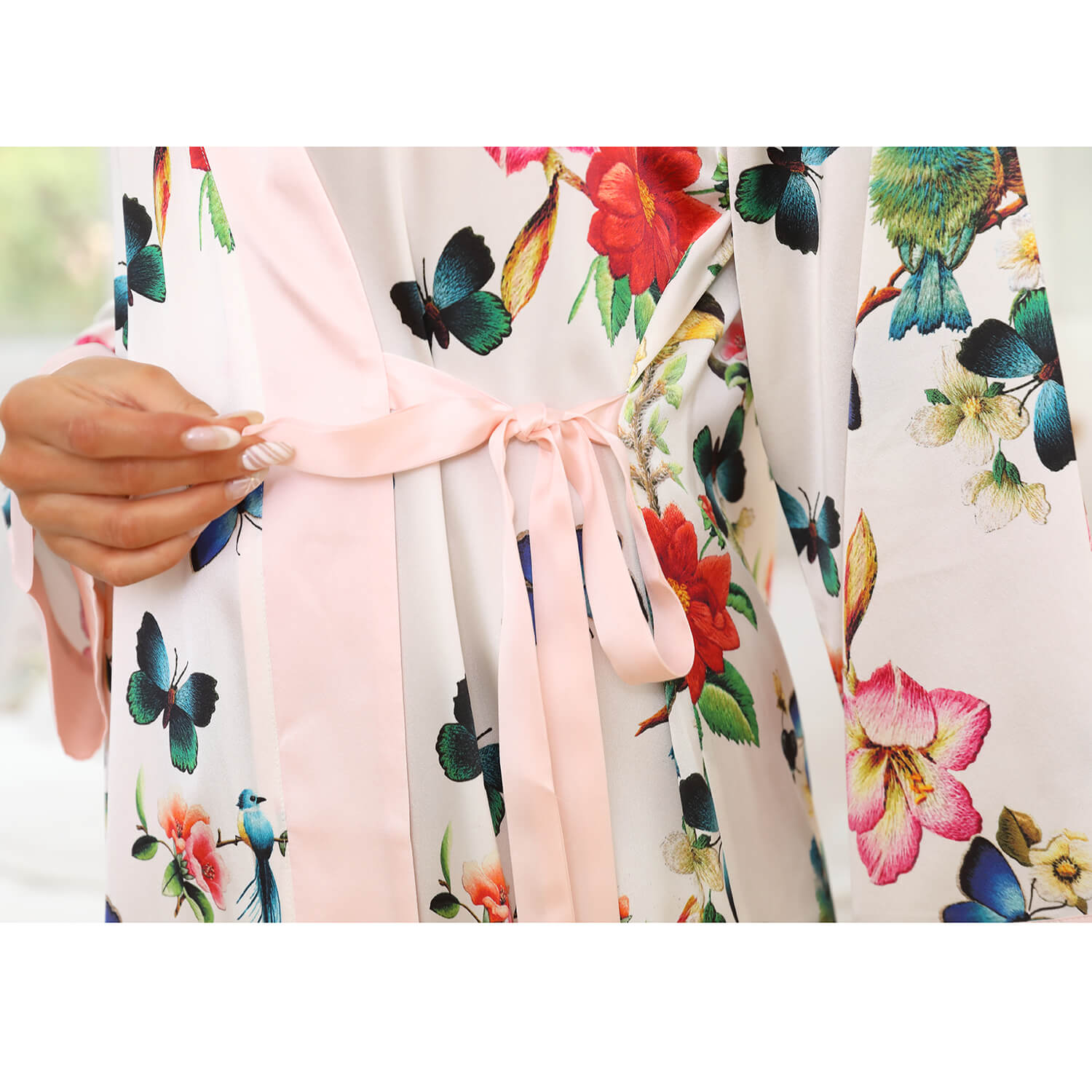 Women's Butterfly Print Silk Kimono Floral Silk Robes