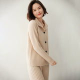 Womens Ribbed Knit Cashmere Cardigan Lapel Button - up Cashmere Coat