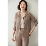 Womens Ribbed Knit Cashmere Cardigan Lapel Button - up Cashmere Coat