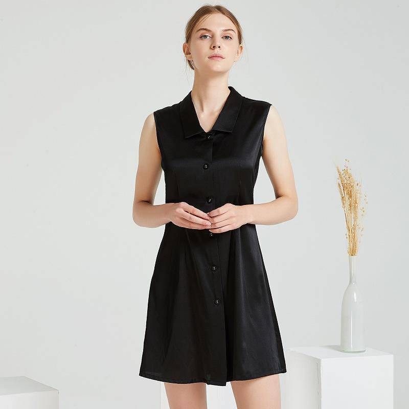 Women Black Silk Dresses 100% Pure Sleeveless Mulberry Silk Dress - slipintosoft