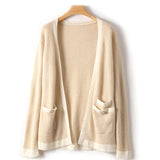 Womens Open - Front Knit Cashmere Cardigan Contrast Trim Colorblock Coat