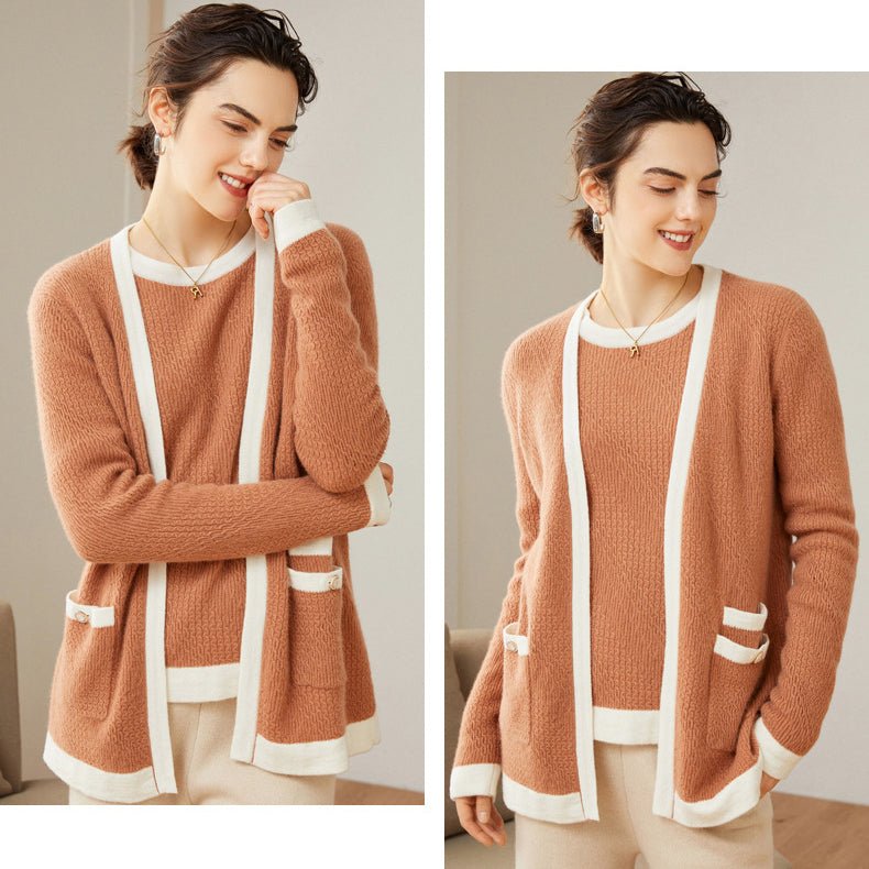 Womens Open - Front Knit Cashmere Cardigan Contrast Trim Colorblock Coat